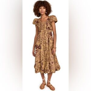 ULLA JOHNSON
Nanette Fit-&-Flare Puff-Sleeve Midi Dress In Amber NWT